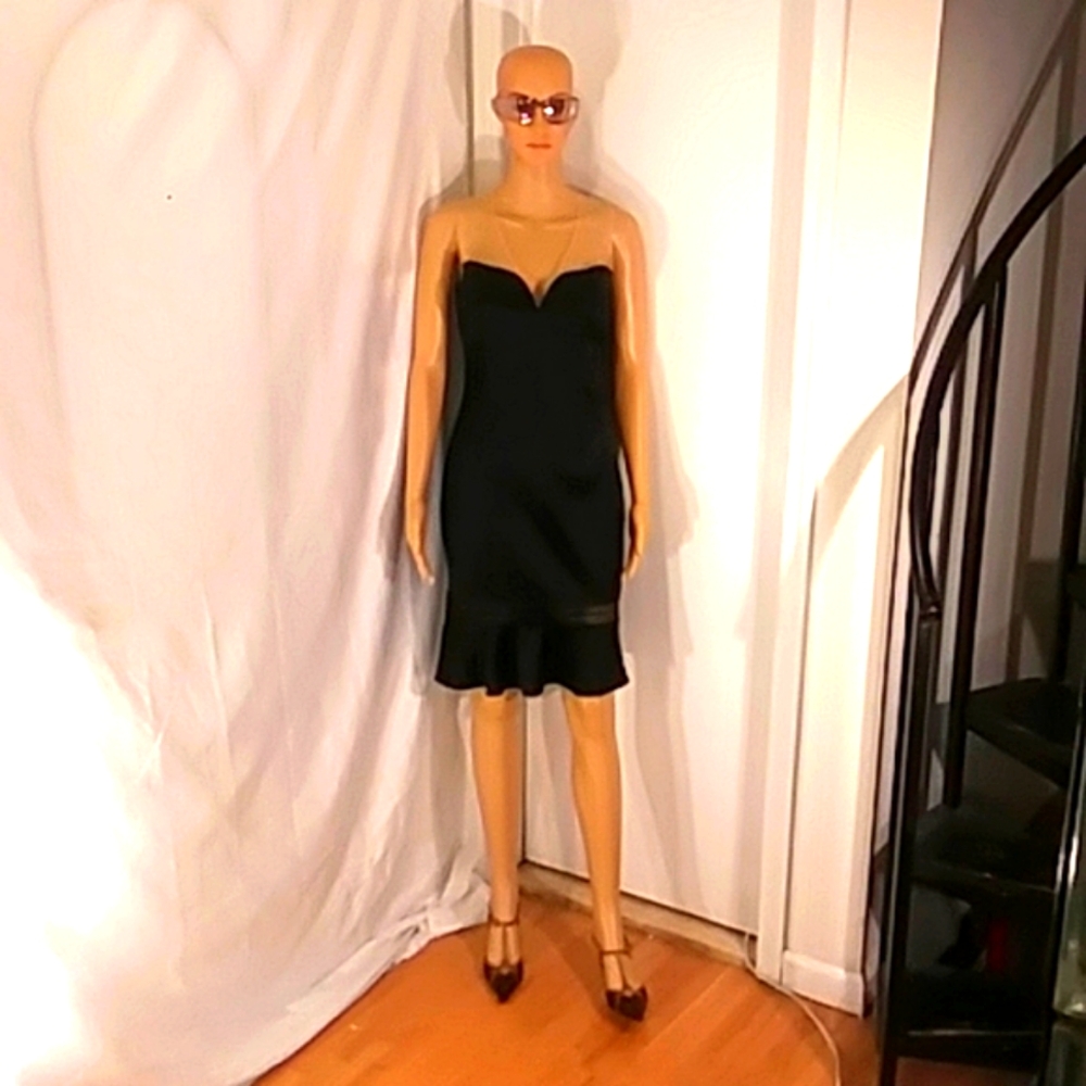 🔥 NWOT Elie Tahari Black Satin & Sheer Shoulder Strap/Panels Dress